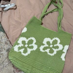 Y2K Green Floral Knit Tote Bag